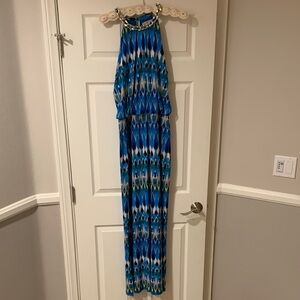 Blue Patterned Halter Maxi Dress